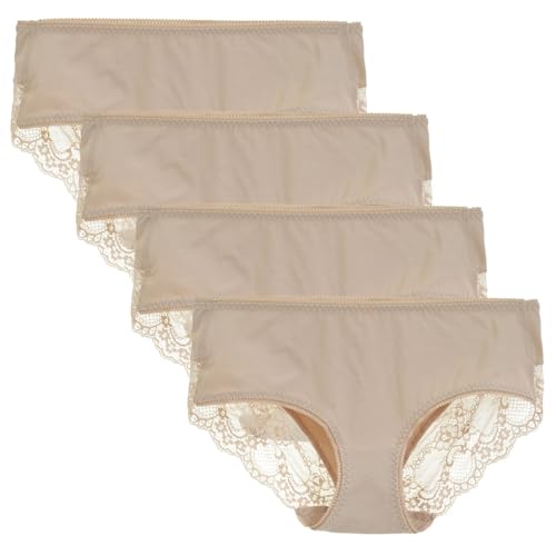 Women's 4 Pack Mid Rise Cotton Hipster Ladies Lace Panties Full Coverage Underwear Medium Nude