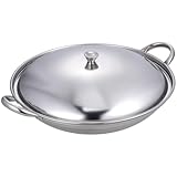SHINEOFI Edelstahl Wok mit Doppelgriffen Flacher Boden 10 Zoll Kochtopf für Spirituskocher Hitzebeständig Großer Fassungsvermögen Vielseitiger Küchenpfanne für Gruppenessen
