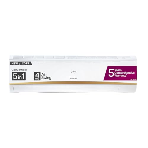 Image of Godrej 2.5 Ton 3 Star, 5 Years Comprehensive Warranty, AI powered, 5-In-1 Convertible Cooling, 4 Way Air Swing Inverter Split AC (Copper, Heavy-Duty Cooling At 52 C, AC 2.5T EI 30LINV3R32-WWR, White)