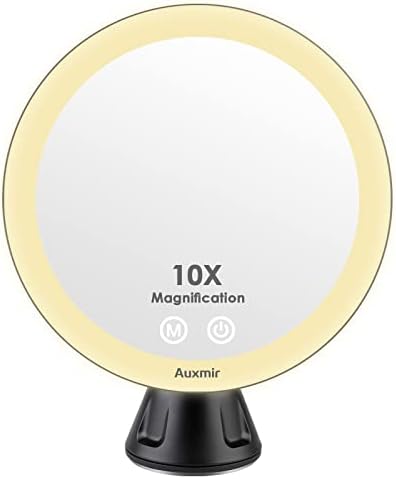 Auxmir Rechargeable Magnifying Mirror with Light, 10X Magnification Makeup Mirror with LED & Suction, 360° Rotating Mirror with 3 Brightness for Bathroom, Dressing Table, Desk, Bedroom, Black