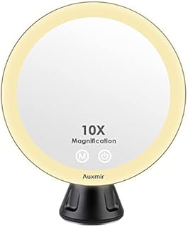 Auxmir Rechargeable Magnifying Mirror with Light, 10X Magnification Makeup Mirror with LED & Suction, 360° Rotating Mirror with 3 Brightness for Bathroom, Dressing Table, Desk, Bedroom, Black