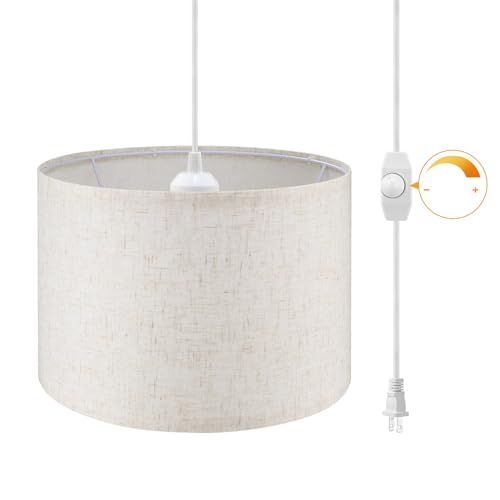 WimiSom Plug in Pendant Light,15 FT Hanging Lamp with Plug in Cord, Dimmable Switch, Pendant Lighting with Fabric Shade, Hanging Light Fixture for Living Room, Bedroom, Dining Room, Kitchen