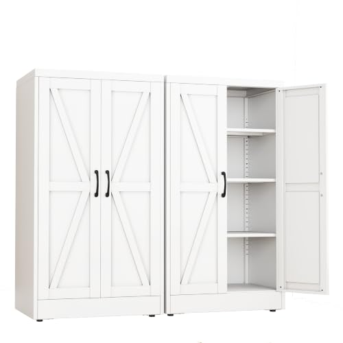 Image of White Metal Storage Cabinet, 43 inch Kitchen Pantry Cabinets for Office | Steel Kitchen Pantry Storage with Doors and 3 Adjustable Shelves, Metal Tool Cabinet, for Office, Home, Garage, School