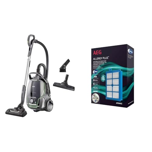 AEG VX9-2-ÖKO Staubsauger / 12 m / 850 Watt/nur 65 dB(A) / 5 l/schwarz/grün & AFS1W Allergy Plus Filter (Ideal für Allergiker, Filterwirkung mehr als 99%, saubere Luft, waschbar) blau/weiß