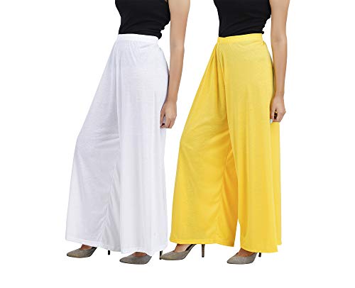 Image of Buy That Trendz M to 4XL Cotton Viscose Loose Fit Flared Wide Leg Palazzo Pants for Women White Yellow Combo Pack of 2