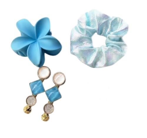 Image of Cute Sky Blue Hair & Jewelry Accessories Gift Set | Matte Flower Claw Clip, Metallic Shimmer Scrunchie, Pastel Hair Slides & Gold Hoop Earrings 4 Pieces