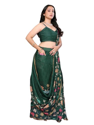Image of SAMANTHA Black Floral Print Ready to Wear Linen Saree with Pocket & Adjustable Belt