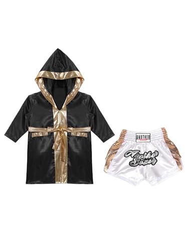 JEATHA Kids Boys Kickboxing Outfits Long Satin Boxing Robe Hooded Boxer Cloak with Belt And Martial Arts MMA Shorts2
