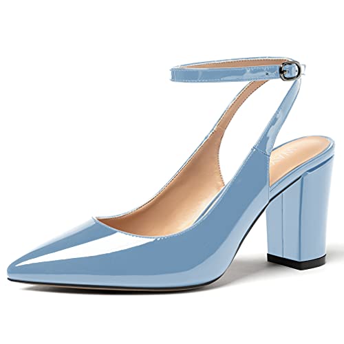 WAYDERNS Women's Slingback Patent Ankle Strap Pointed Toe Block High Heel Pumps Shoes 3 Inch