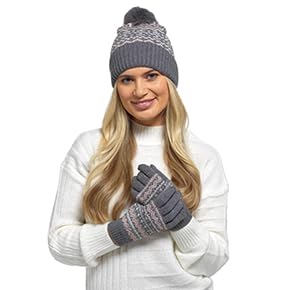 Slumber Hut Ladies Grey Fairisle Bobble Hat Set with Matching Gloves