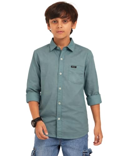 Image of Red Nine Rocket Science Boys' Solid Satin-Finish Poly Cotton Shirt | Single Pocket, Spread Collar, Long Sleeve, Casual