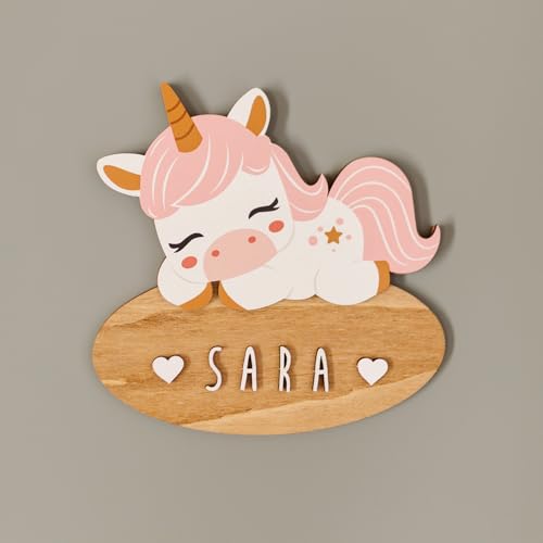 WONDEE Vintiun Placa Decoración Habitación Bebé Infantil de Unicornio, Nombres de Madera Personalizados para Puertas y Habitación Niñas y Niño, Cosas/Regalos Personalizados Originales para Bebés