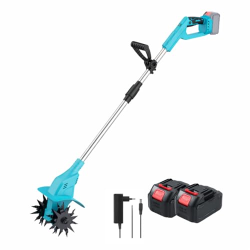 Motozappa Elettrica a Batteria 48V, Zappetta da Giardino Portatile con Asta Regolabile in Acciaio Inox, Attrezzo per Lavorazione e Frantumazione Terreno, 2 Batterie Incluse + Caricatore.
