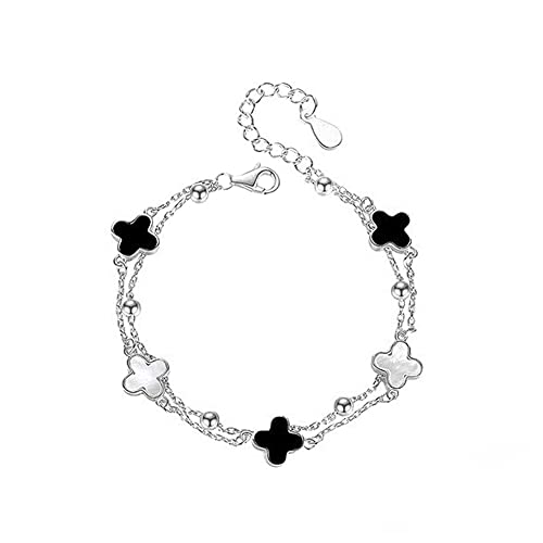 FFWTPY Pulsera 4 Hoja Trébol para Mujer Pulseras Plata de Ley 925 de Acero Inoxidable Chapado en Oro Rosa Joyería de Moda para Niñas, Regalos de Cumpleaños San Valentin (Blanco negro)