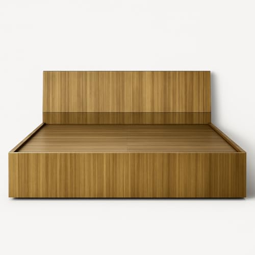 Image of MATTERHORN Engineered Wood Bed in Teak Brown - King Size (L2079 x W1875 x H300 mm) | Platform Bed | Modern Wooden Bed for Bedroom, Durable & Stylish Design (Almond Beige)