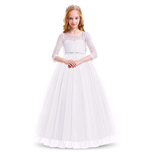 Flower Girl Long Sleeve Princess Dresses Lace Maxi Gown Kids Wedding Bridesmaid Formal Party Pageant Rhinestone Little Big Girls First Communion Birthday Floor Length Puffy Tulle Dress White 8-9Y