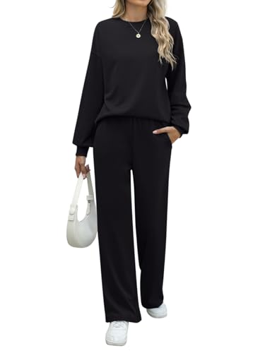 REORIA Damen Baumwolle Rundhals Jogginganzug Langärmliges Oberteil und...