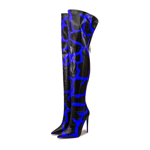 Image of Thigh high boots for women striped Back zipper Burgundy Zebra Print Over the knee Sexy gold white pointed toe Cow Print leopard Magenta stiletto heel