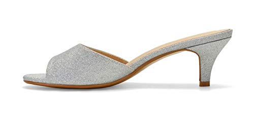 Comeshun Women Low Kitten Heel Mules Slip On Sandals Open Peep Toe Dress Pumps Comfy Sexy Shoes Size 9 Silver Glitter #TOP4