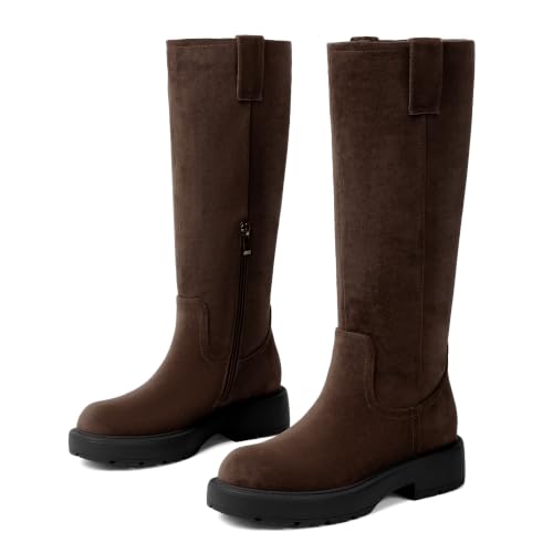 Image of VIUGJNEX Knee High Boots Women Low Heel Flat Chunky Fall Tall Riding Boots