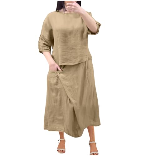 Women’s 2 Piece Cotton Skirt Set 3/4 Tiered Sleeve Top Cotton Line Midi Skirt Solid Comfy Fashion Lounge Outfits