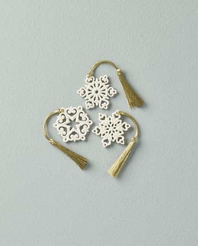 Lenox Ornament, Mini Snowflake 3-Piece Tree Ornament Set, Set Of 3, Porcelain Material, Gold Hanging Cord, Tree Decoration, Christmas Decorations, Christmas Ornaments, Snowflake Design (3 Pieces)