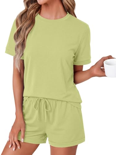 Image of LYANER Pajama Set for Women 2 Piece Lounge Set Striped Crew neck Short Sleeve Tops and Shorts Soft Sleepwear