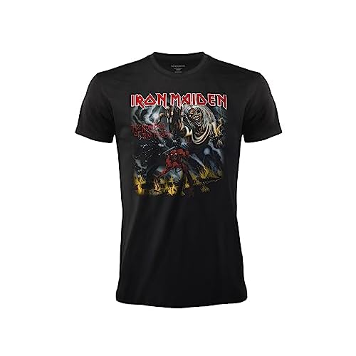 Camiseta Iron Maiden Number of The Beast. Oficial Rock Negra. Banda de Metal Pesado. Algodón. Unisex. Adulto Niño. (L)
