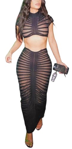 Image of Sexy See Through Long Dress Knitted Sheer Mock Neck Crop Top and Maxi Skirt 2 Piece Outfits Sets