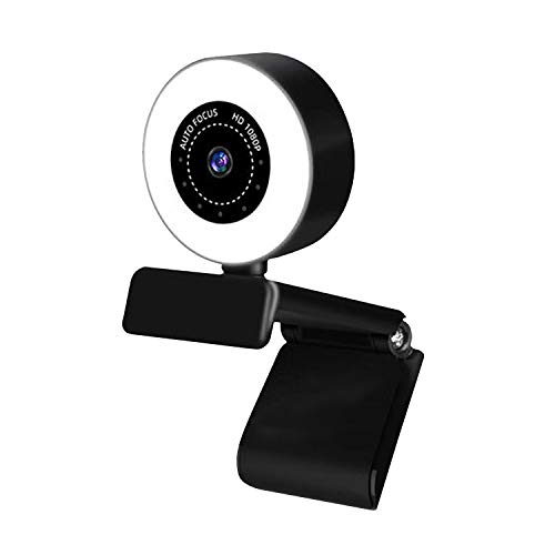 Streaming Webcam 1080P mit Einstellbarer Helligkeit Ringlicht, USB PC-Videokamera mit Eingebautem Mikrofon, Erweiterte Autofokus-Webkamera mit