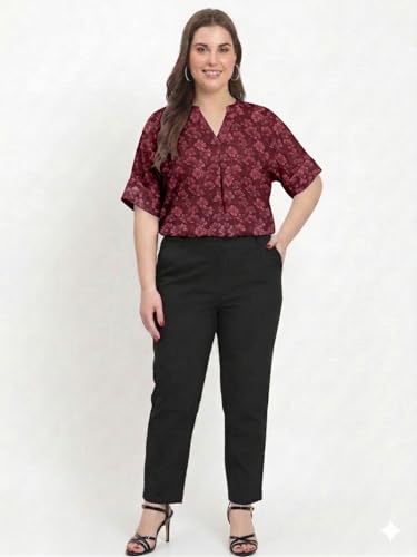 Image of SINDOORI Relaxed Fit Tops for Women Plus Size Solid Printed Mandarin Collar, Band Collar, V-Neck Top, Half Sleeve Loose Fit