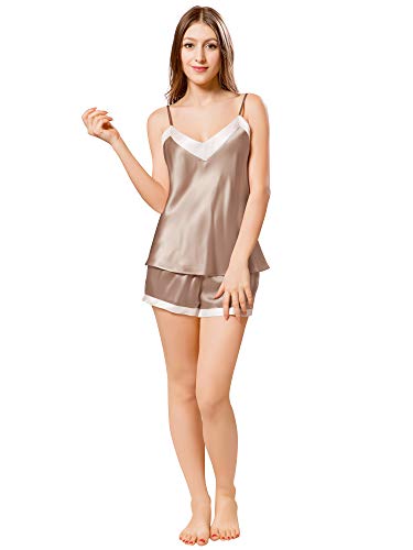 ElleSilk 100% Soie Pyjama pour Femme, Ensemble Caraco et Short en Soie, 22 Momme, Cappuccino, XS
