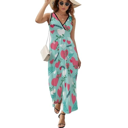 Robe longue d'été sans manches Amour Rose - Robe maxi col V de plage décontractée pour femme