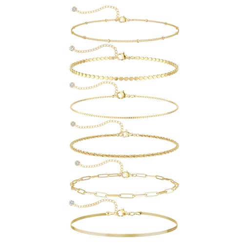 DEARMAY Dainty Gold Plated Bracelets for Women Trendy Waterproof 14K Gold Jewelry Sets Fashion Stackable Rope Box Herringbone Paperclip Chain Link Bracelet Pack Stack Gifts for Womens