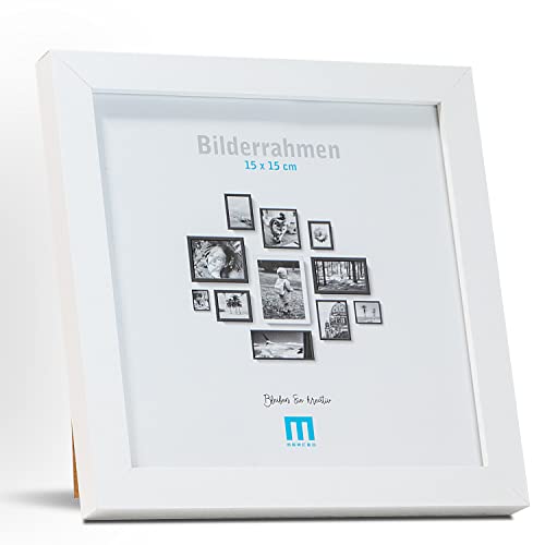 M MERCEO Zeitlos, moderner Bilderrahmen aus MDF, weiß für 15x15 cm kleine Fotos und Bilder. Inkl. Acrylglasschutz. Er eignet Sich als Tisch-Aufsteller und für die Wand, im Hochformat oder Querformat Cover