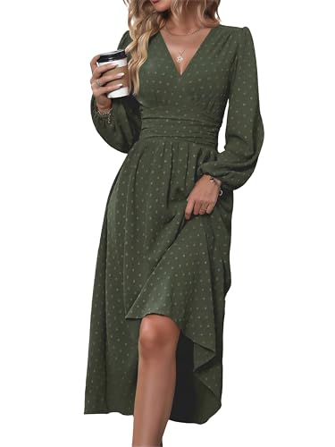 Mettclasi Women's Spring Fall Swiss Dot V Neck Maxi Dress Casual Puff Long Lantern Sleeve A-Line Flowy Dress