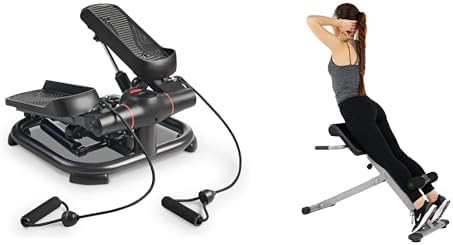 Sunny Health & Fitness 2-in-1 Premium Power Stepper with Resistance Bands + Sunny Health and Fitness 45 Degree Hyperextension Roman Chair, Steel, Grey, One Size