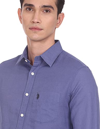 Image of U.S. Polo ASSN. Men's Solid Cotton Linen Tailored Fit Spread Collar Casual Shirt