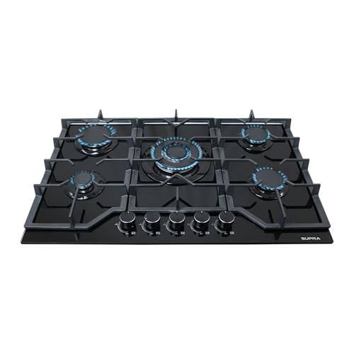 SUPRA Parrilla a Gas de Empotrar 76 cm MOD PIACERE GLASS 76 Cubierta de Cristal Templado Negro de 5 Quemadores Hierro Fundido Diseño Premium y...