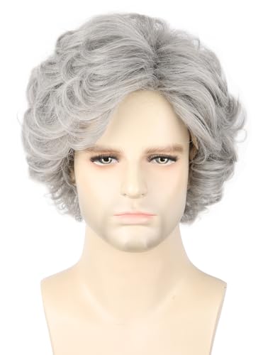 Topcosplay Men Wigs Grey Short Curly Wavy Layered Cosplay Costume Party Wig Male Wig Gray
