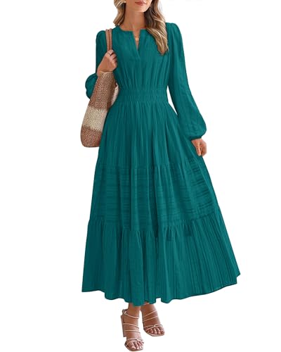 BTFBM Fall Dresses for Women 2025 Casual Long Sleeve V Neck Elastic Waist Lightweight Maxi Wedding Guest Dress Pockets