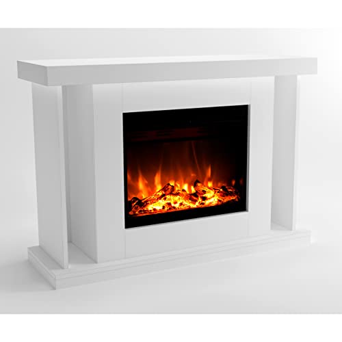 GLOW FIRE Stufa elettrica TARVOS - Caminetto elettrico con riscaldamento, fuoco da camino, fuoco LED in 3 colori, ventilatore, decorazione in legno, telecomando, 120x84x38 cm, Bianco