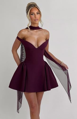 OFEYCHUN Satin Homecoming Dresses 2025 with Scarf Short Prom Dress Off The Shoulder A Line Cocktail Birthday Party Gown4