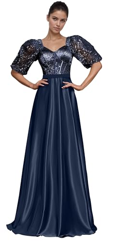 PSDEJR Navy Blue Sparkly Sequin Prom Dresses Long for Women A Line Square Neck Formal Dresses Short Puffy Sleeve Floor Length Evening Ball Gowns US 14 Navy Blue