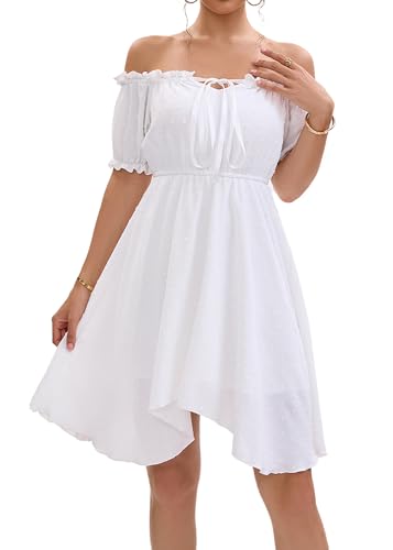 Image of Womens Off Shoulder Ruffle Puff Sleeve Tie Up Irregular Swiss Dot Mini Cottagecore Dress