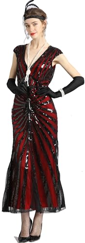 Image of Women Evening Maxi Long Dress 1920s Sequin Mermaid Hem Wedding Prom Gown Costume w / 20s Gatsby Accessories Set