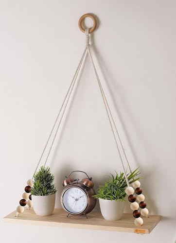 Image of Hanging Shelf with Magic Hook, Use Decor Plants, Books, Decorative Gift Items Nursery Livingroom Wooden Beads & Ring Woven Bohemian Chic for Dorm (Multicolor Beads, Medium)