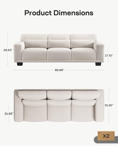 Marsail 89 Inch Sofa, 3-Seater Modern Comfy Couch with Deep Seats, Upholstered Linen Couches for Living Room, Bedroom, Office,Apartment, Beige - Thumbnail 3