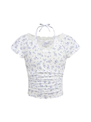 Girl's Ditsy Floral Print Bow Lace T Shirt Short Sleeve Halter V Neck Ruched Tee Shirt