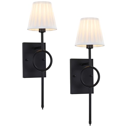 Image of ETONIMERR Modern Black Wall Sconces Set of Two, Wall Light Fixtures with White Pleated Fabric Shade, Industrial Wall Lamps for Bedroom Living Room Hallway Bathroom Vanity
